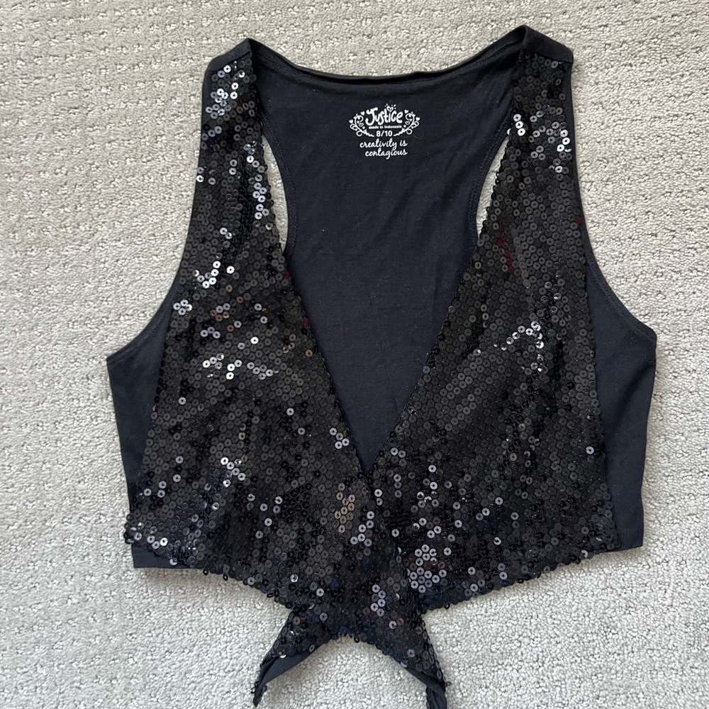 EUC Girl’s Justice Black Sequin vest size 8/10